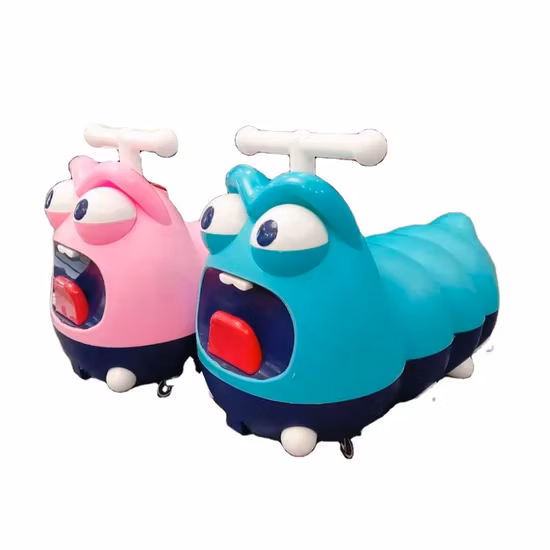 Kinder-Rutschauto-Roller in Form von Cartoon-Raupen/Fahrt auf dem Auto